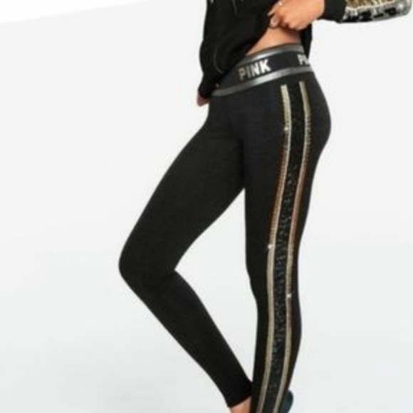 PINK Victoria's Secret Black and Gold Leggings with Side Stripes - Picture 1 of 5